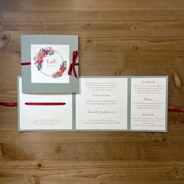 faire-part mariage fleurs rouges et ruban satin