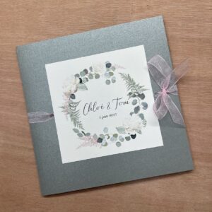 faire-part mariage couronne fleurs rose et vert