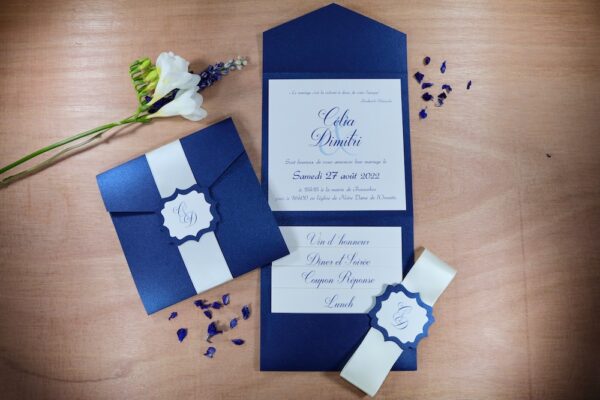Faire-part pochette bleu saphir