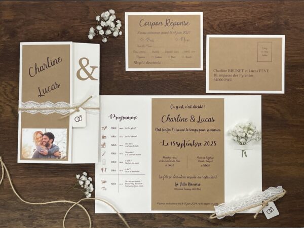faire-part de mariage kraft, ficelle et dentelle