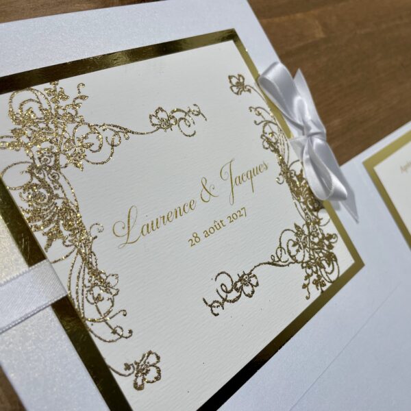 faire-part mariage blanc et or