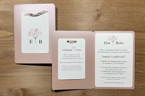 Faire-part de mariage carte double de couleur or rose