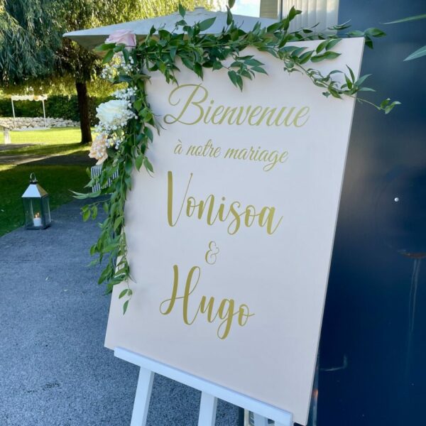 panneau de bienvenue mariage rose et or