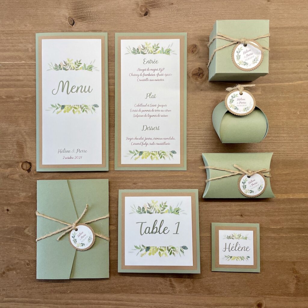 papeterie-artisanale-mariage-vert-sauge-et-kraft papeterie de mariage aux couleur vert sauge et kraft avec de la ficelle