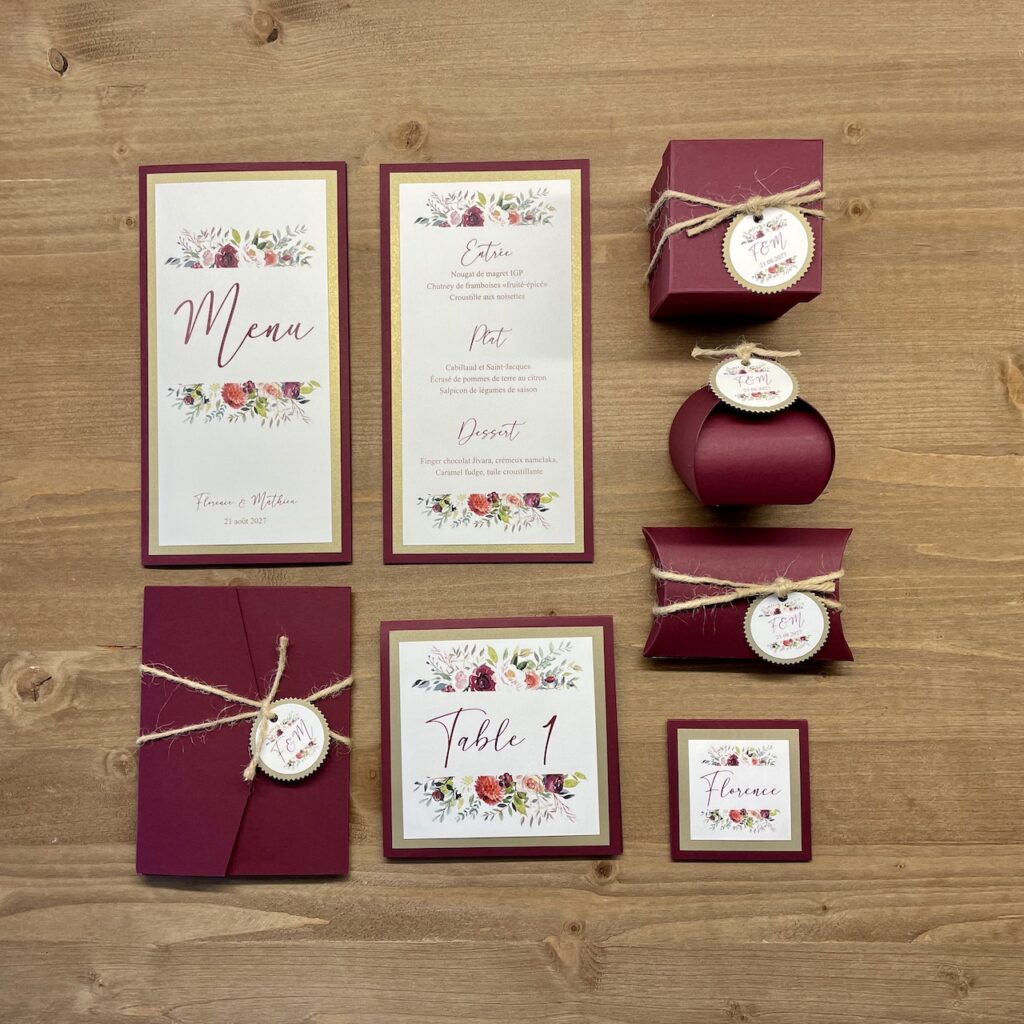 papeterie-mariage-marsala-raffine papeterie de couleurs mariage marsala et doré