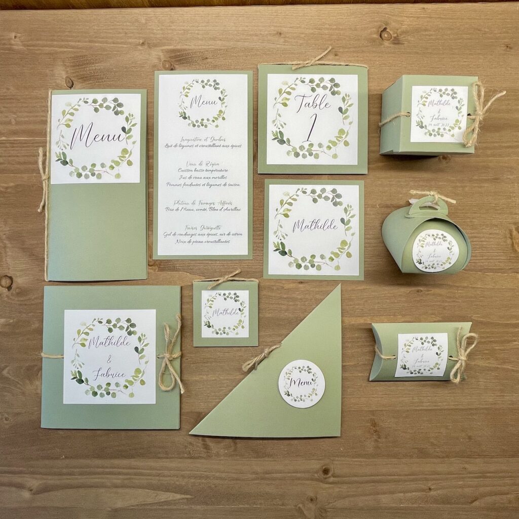 papeterie-mariage-vert-sauge ensemble de papeterie pour mariage de couleur vert sauge