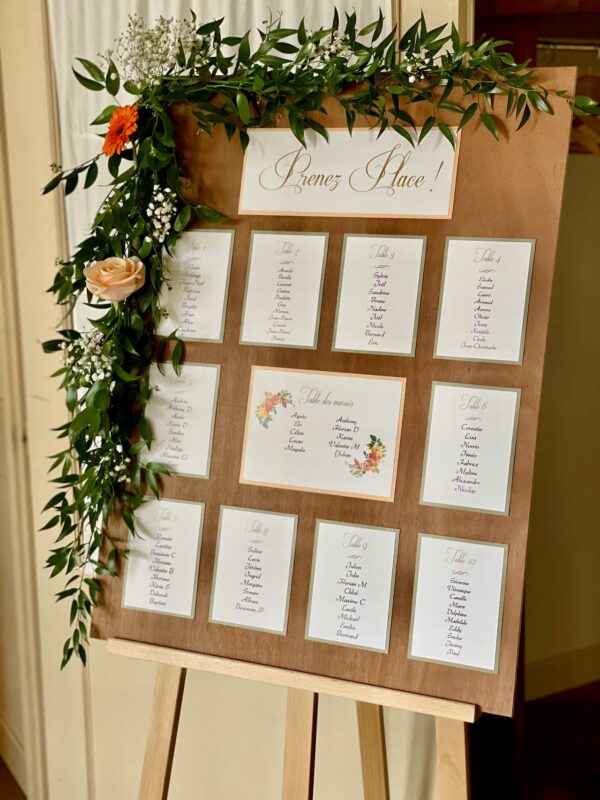 Plan de table mariage fond bois naturel