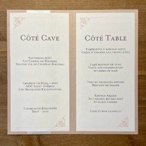 carte de menu mariage côté cave et côté table