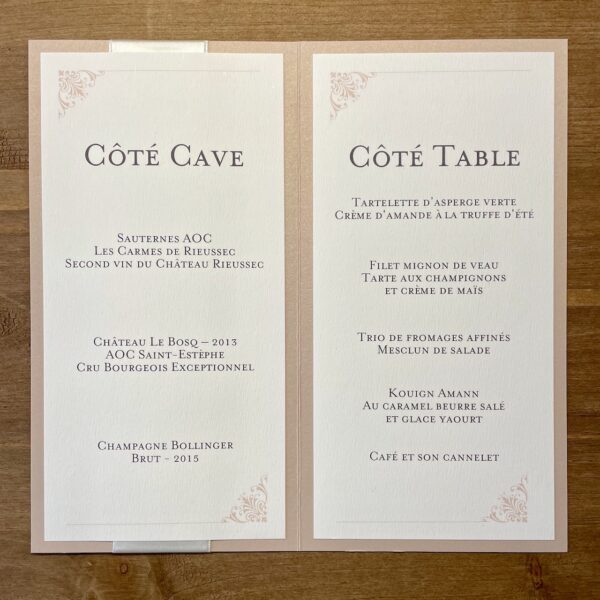 carte de menu mariage côté cave et côté table