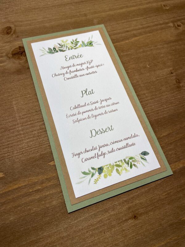 menu mariage feuillage
