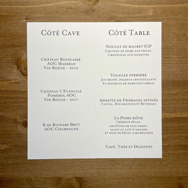 carte de menu mariage épuré
