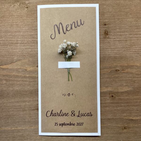 carte de menu mariage kraft et gypsophile