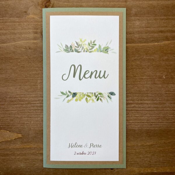 carte de menu mariage greenery