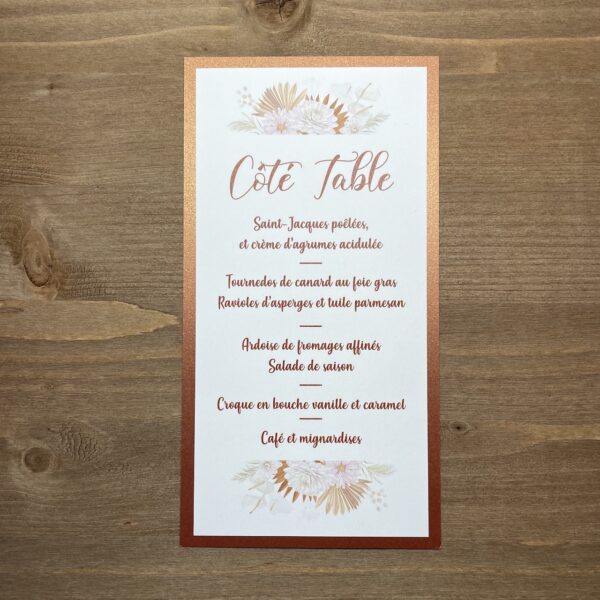 carte de menu mariage bohème chic