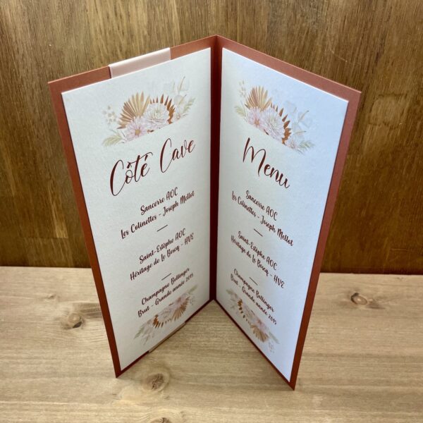 carte de menu double mariage terracota