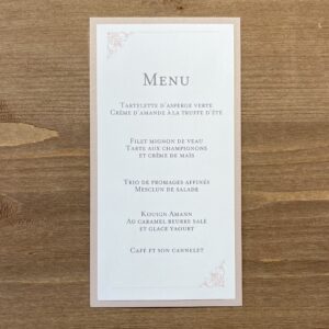 carte de menu mariage rose poudré