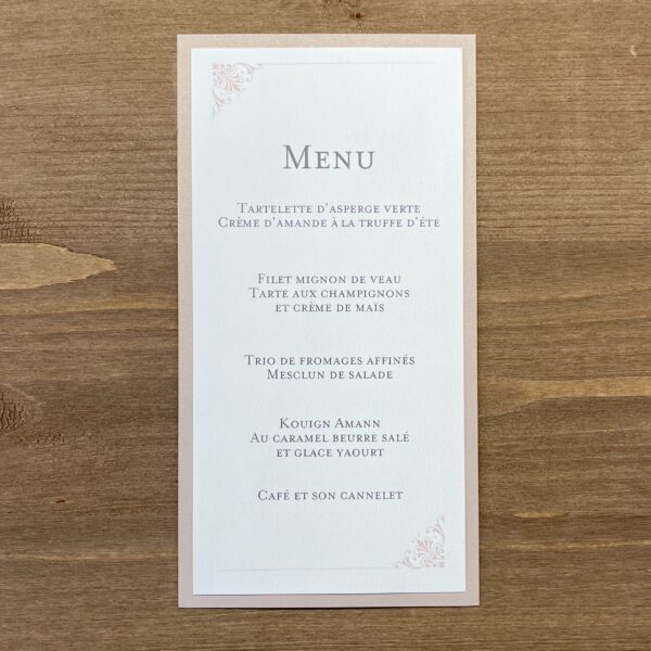 carte de menu mariage rose poudré