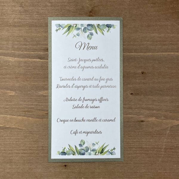 carte de menu mariage nature feuillage eucalyptus