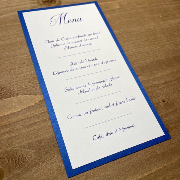 carte menu mariage bleue roi