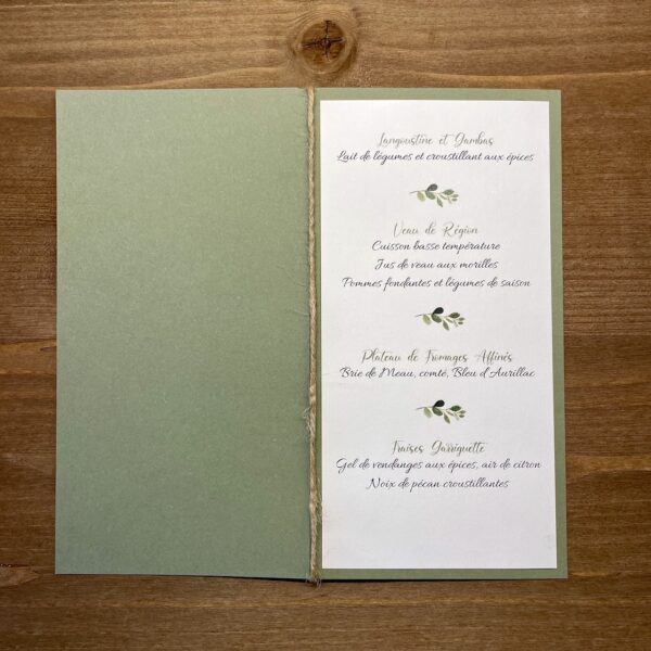 carte de menu mariage nature