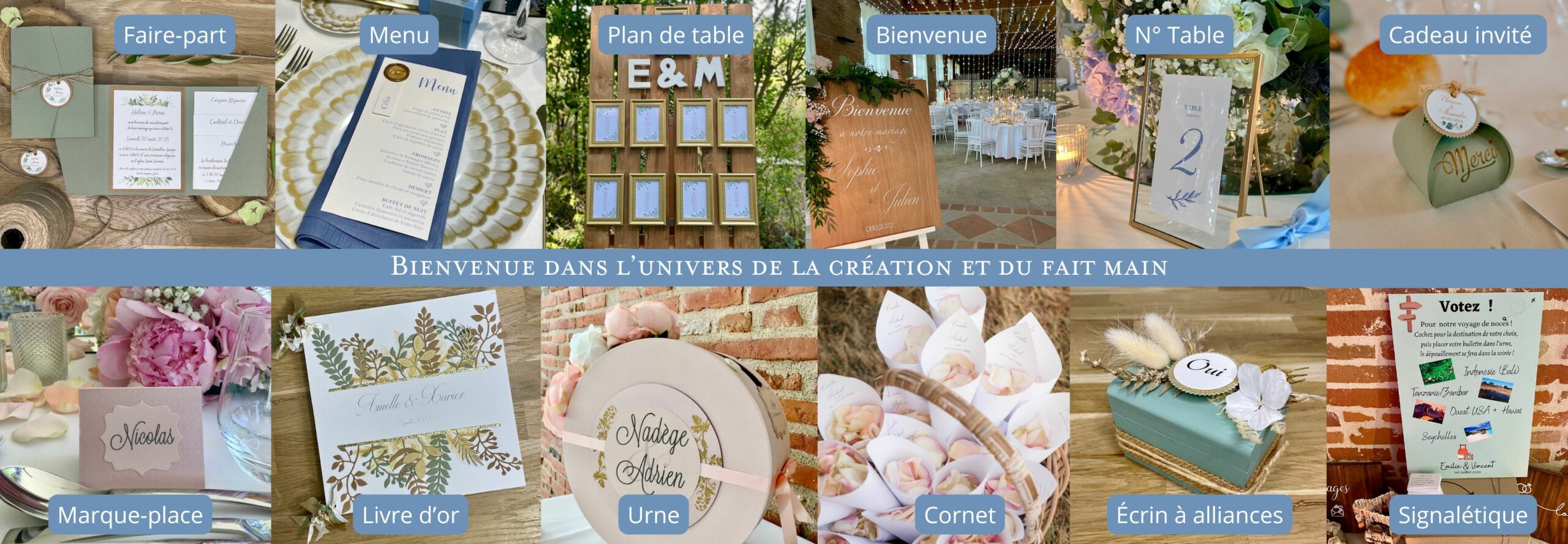 Créations artisanales et décorations de mariage personnalisées : faire-part, menus, panneaux de bienvenue, cadeaux invités, marque-places, plans de table, livre d’or – design fait main et sur-mesure.